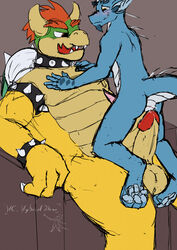 anthro balls bara blush bodily_fluids bowser claws clothing collar digital_media_(artwork) dragon duo erection furniture gay genital_fluids genitals hair hand_on_chest hc_hybriddave hi_res horn humanoid_genitalia imminent_sex koopa larger_male lemy licking licking_lips looking_down male male/male male_only mario_(series) nervous nervous_smile nintendo nude open_mouth penis precum red_hair reptile scalie simple_background size_difference smaller_male smile spikes tongue tongue_out video_games