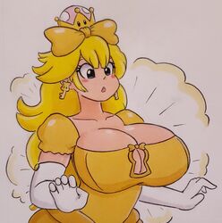 big_breasts blonde_hair blue_eyes blush boob_window cleavage earrings elbow_gloves jumneyarts keys mario_(series) mario_party mario_party_2 new_super_mario_bros._u_deluxe nintendo skeleton_key solo super_crown tagme yellow_dress