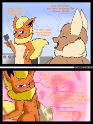 2022 anthro big_breasts blonde_hair blue_eyes blush breasts brown_body brown_eyes canid canine clothed clothing digital_drawing_(artwork) digital_media_(artwork) duo eevee eeveelution elizabeth_venizee female flamberry_(artist) flareon franklin_flare fur genitals hair hi_res looking_at_viewer male male/female male_focus mammal nintendo nude open_mouth orange_body orange_fur penis pokémon_(species) pokemon simple_background smile solo text video_games watermark