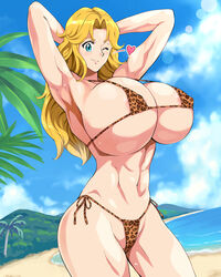 0byte 1girls alternate_version_available areola_slip areolae armpits arms_behind_head beach belly bikini blonde_hair blue_eyes blue_water breasts bursting_breasts busty curvy_body erect_nipples erect_nipples_under_bikini erect_nipples_under_swimsuit facing_viewer female female_fighter female_focus female_only female_soldier heart high_resolution highres hourglass_figure huge_areolae huge_breasts huge_nipples impossible_swimsuit jodie_karen_bakuryuu kochikame leopard leopard_print leopard_spots long_hair looking_at_viewer micro_bikini micro_bikini_bottom micro_bikini_top mountains navel ocean one_eye_closed outdoors palm_leaf palm_tree pinup revealing_swimsuit sand seductive seductive_smile side-tie_bikini smile smiling_at_viewer soldier solo string_bikini swimsuit voluptuous wink winking_at_viewer zero_byte