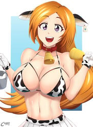 1girls 2021 absurdres animal_ears animal_print bell bikini bleach breasts bucket castell collar cow_ears cow_girl cow_print cowbell dated fake_animal_ears female female_only gloves highres holding holding_bucket holding_object inoue_orihime large_breasts light-skinned_female light_skin midriff milk navel neck_bell neckwear open_mouth orange_hair pleated_skirt purple_eyes shiny shiny_hair shiny_skin signature skirt solo solo_focus swimsuit upper_body