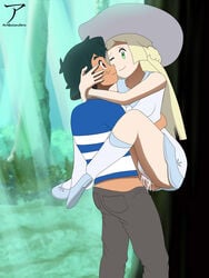 1boy 1girls against_tree arekusanderu arm_around_neck arms_around_neck ash_ketchum black_hair blonde_hair brown_hair clothed clothed_sex clothing cum cum_in_pussy cum_inside cumming dress forest forest_background green_eyes hand_around_neck hands_around_neck hugging leg_lock leg_wrap legs_around_partner lillie_(pokemon) looking_at_another looking_at_partner one_eye_closed one_eye_open outdoor outdoor_sex outdoors outdoors_sex outside outside_sex panties panties_aside penis_in_pussy pokemon pokemon_(anime) pokemon_sm satoshi_(pokemon) smile smiling stand_and_carry_position standing standing_sex teenager vaginal_penetration vaginal_sex yellow_hair