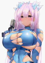 armadillo-tokage bangs blue_eyes blush bodysuit bursting_breasts eyebrows_visible_through_hair hair_ornament huge_breasts large_breasts long_hair metroid metroid_dread otoha_rilly pink_hair pistol satou_daiji smile standing sweat sweatdrop torn_bodysuit torn_clothes virtual_youtuber white_background zero_suit