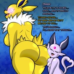 al_gx ass ass_support ass_worship big_ass big_breasts big_butt breasts butt_worship curvy_figure dat_ass dialogue dominant dominant_female eeveelution espeon face_in_ass female_face_near_ass furry huge_ass huge_breasts hypnosis incest jolteon larger_female mind_control nintendo pokémorph pokemon presenting purple_body seductive size_difference small_breasts smaller_female text thick_thighs video_games voluptuous wide_hips yellow_body yuri