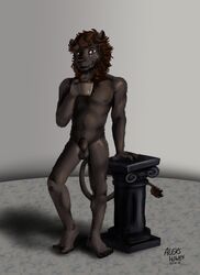 agata_(beastars) aleks_howes animal_genitalia anthro balls beastars brown_body brown_fur brown_mane clawed_feet clawed_fingers container cup fangs felid fur genitals hi_res holding_cup holding_object leaning_on_object lion male mammal mane nude pantherine penis pillar pose sheath simple_background solo tasteful_nudity