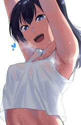 1girls armpits black_hair blue_eyes cute dark-skinned_female fringe okpriko original petite ponytail small_breasts sweaty_armpits teenager thai thai_girl_(okpriko)