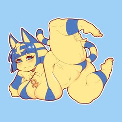 1:1 alternate_species animal_crossing animal_humanoid ankh ankha arm_markings arm_support ass bedroom_eyes between_breasts big_breasts bikini biped blonde_hair blue_background blue_bikini blue_body blue_clothing blue_ears blue_eyes blue_fur blue_hair blue_skin blue_swimwear blue_tail blush breasts cameltoe cat_humanoid cleavage clothed clothing digital_media_(artwork) egyptian eyelashes feet felid felid_humanoid feline feline_humanoid female front_view fur hair hand_on_leg hand_on_own_leg hand_on_own_thigh hand_on_thigh hi_res holding_leg holding_thigh humanoid humanoid_feet humanoid_hands humanoidized leg_markings looking_at_viewer lying mammal mammal_humanoid markings midriff monotone_ears multicolored_body multicolored_fur multicolored_hair multicolored_skin narrowed_eyes nintendo nipple_bulge nipple_outline on_side plantigrade raised_leg ring_(marking) ringtail scrib_squab seductive short_hair shortstack simple_background skimpy smile solo spread_legs spreading swimwear tail_markings thick_thighs two_tone_body two_tone_fur two_tone_hair two_tone_skin two_tone_tail uraeus video_games yellow_body yellow_fur yellow_skin yellow_tail