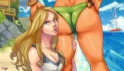 2girls alternate_costume artist_name ass ass_focus ass_worship beach bikini blonde_hair blue_eyes boat bracelet brazilian brazilian_female breasts capcom chocolate_and_vanilla cleavage cloud collarbone dark-skinned_female dimples_of_venus eyebrows eyelashes female female_face_near_ass female_only green_bikini green_swimsuit hand_on_another's_head hand_on_another's_thigh hand_on_hip head_on_ass interracial_yuri kolin large_breasts latina laura_matsuda lips long_hair looking_at_viewer nagainosfw ocean one-piece_swimsuit parted_lips redbone sand sky standing street_fighter street_fighter_v sweat swimsuit thick_lips thick_thighs thighs wavy_hair white_swimsuit yuri