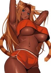 1girls 2021 animal_ears arms_behind_head arms_up blonde_hair blue_eyes booty_shorts breasts brown_skin cat_ears cat_tail catgirl crop_top dark-skinned_female dark_skin ear_piercing female_only gyaru_catgirl_(kevbot) huge_breasts kevbot long_hair looking_at_viewer looking_down low-angle_view orange_clothing orange_shorts original original_character short_shorts shorts simple_background striped_tail sweat sweaty_body tail thick_thighs thighs underboob very_long_hair white_background