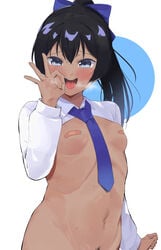 1girls black_hair blue_eyes bow cute dark-skinned_female fringe okpriko open_mouth oral oral_insinuation oral_invitation original petite ponytail revealing_clothes reverse_outfit school_uniform schoolgirl small_breasts teenager thai thai_girl_(okpriko) throat tongue_out