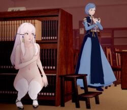 2girls 3d blue_hair breasts brown_eyes clothed_female covering embarrassed embarrassed_nude_female enf exhibitionism fefreak726 female female_only fire_emblem fire_emblem:_three_houses hiding holding_object koikatsu library long_hair lysithea_von_ordelia marianne_von_edmund multiple_girls naked_footwear naked_shoes naked_stockings naked_thighhighs nipples nude nude_female shoes small_breasts squatting stockings thighhighs trying_to_cover_up white_hair worried_expression