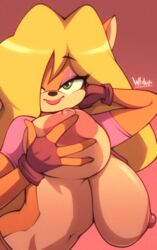 1girls anthro areolae bandicoot big_breasts blonde_hair breasts crash_(series) female fingerless_gloves fur furry green_eyes holding_breast large_breasts lipstick long_hair looking_at_viewer marsupial nipples pink_eyeshadow simple_background solo tawna_bandicoot wildblur