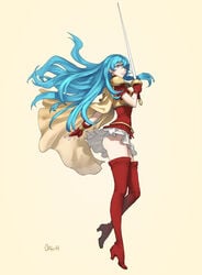 1girls aqua_hair armor ass blue_eyes blue_hair breastplate cape dress eirika_(fire_emblem) female fingerless_gloves fire_emblem fire_emblem:_the_sacred_stones from_below gloves highres long_hair looking_at_viewer miniskirt nintendo ozkh panties pantyshot red_gloves red_legwear short_dress sidelocks skirt solo thighhighs underwear upskirt weapon white_panties