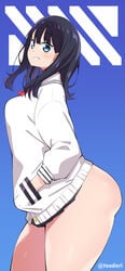 1girls ass bottomless eye_contact female long_hair looking_at_viewer miniskirt school_uniform skirt solo ssss.gridman standing takarada_rikka thick_thighs thighs toudori