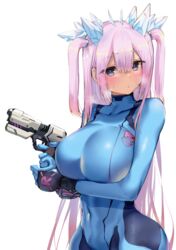 arm_under_breasts armadillo-tokage bangs blue_eyes blush bodysuit eyebrows_visible_through_hair hair_ornament huge_breasts large_breasts long_hair metroid metroid_dread navel otoha_rilly pink_hair pistol satou_daiji standing sweat sweatdrop twintails virtual_youtuber white_background wristband zero_suit