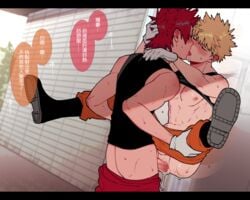 2boys against_glass anal anal_sex ass babyseven_77 blonde_hair clothing eijirou_kirishima french_kiss gay gloves hair_grab katsuki_bakugou kissing leg_grab male male/male male_only male_penetrated male_penetrating male_penetrating_male my_hero_academia pants_pull penis penis_in_ass red_hair shirt_lift shoes spiky_hair stand_and_carry_position text thigh_grab tongue_kiss yaoi