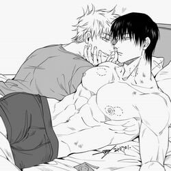 2boys bite_mark bulge gay jujutsu_kaisen kinoko927513 male male/male male_only morning muscle muscular muscular_male nipples nude satoru_gojo toji_fushiguro