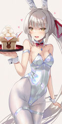 1girls alternate_costume alternate_hairstyle alternate_species arm_strap bangs blush bow bowtie bowtie_collar bunny_ears bunny_girl bunny_suit bunnysuit cat_eyes collar colored core_crystal crystal cuff_links dumpling exposed_shoulders fangs female female_only gem grey_hair heart hinot leggings long_hair looking_at_viewer nia nia_(blade) nia_(xenoblade) nintendo ponytail shiny_clothes small_breasts smiling smiling_at_viewer solo solo_female tagme thick_thighs thigh_strap thighs tight_clothing waitress xenoblade_(series) xenoblade_chronicles_2 yellow_eyes