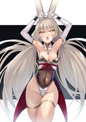 alternate_costume alternate_species armpits bangs blush bunny_ears bunny_girl bunnysuit cat_eyes coat_tails collar colored core_crystal crystal exposed_shoulders fangs female gem gloves grey_hair hands_above_head hinot long_gloves long_hair navel nia nia_(blade) nia_(xenoblade) nintendo small_breasts tagme thick_thighs thigh_strap thighs tight_clothing twintails xenoblade_(series) xenoblade_chronicles_2 yellow_eyes