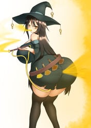 1girls ass_in_dress big_ass big_breasts big_butt black_thighhighs blush brown_hair excessive_fart fart fart_cloud fart_everywhere fart_fetish farting hat looking_back pixiv ragi_fart_(artist) smoking solo_female thick_thighs thighhighs witch witch_hat yellow_eyes