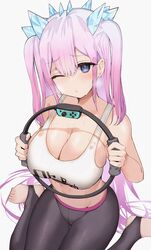 alternate_breast_size armadillo-tokage blue_eyes electronics eyebrows_visible_through_hair game_controller hair_ornament huge_breasts joycon_controller kneeling large_breasts leggings long_hair nintendo one_eye_closed otoha_rilly pilates_ring pink_hair ring_fit_adventure ringcon_controller satou_daiji smile sportswear steam sweat sweatdrop twintails virtual_youtuber white_background