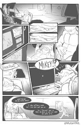 anthro comic donatello_(tmnt) duo english_text hi_res male male/male masturbation michelangelo_(tmnt) monochrome mutantail reptile scalie teenage_mutant_ninja_turtles text turtle