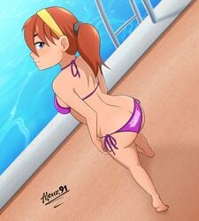 1girls aleuz91 april_o'neil april_o'neil_(tmnt_2012) ass bikini blue_eyes breasts bubble_butt clothing come_hither dat_ass female freckles hairband high_resolution large_ass logo_parody medium_breasts ponytail pool poolside purple_bikini purple_swimsuit red_hair smile swimsuit teenage_mutant_ninja_turtles tied_hair tmnt_2012