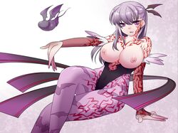 arm_up clothing cosplay crossed_legs dark_sakura darkstalkers fate/stay_night fate_(series) female flying_penis large_breasts matou_sakura morrigan_aensland_(cosplay) niwacho open_mouth purple_eyes purple_hair solo