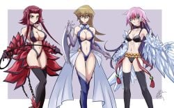 3girls akiza_izinski alexis_rhodes alternate_costume black_bra black_legwear black_panties black_stockings blonde_hair brown_eyes cleavage cya_mg dominatrix ear_piercing earrings female green_eyes high_ponytail izayoi_aki large_breasts looking_at_viewer luna_(yu-gi-oh!_zexal) medium_hair multiple_girls original pink_hair pointy_ears ponytail red_hair red_high_heels tenjouin_asuka thick_thighs thighhighs thighs uncensored underwear whip wide_hips yellow_eyes yu-gi-oh! yu-gi-oh!_5d's yu-gi-oh!_gx