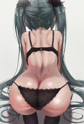 1girls 2021 ass ass_cleavage ass_focus back back_view big_ass black_bra black_panties bra bubble_butt butt_crack facing_forward female female_focus female_only hatsune_miku hi_res hips kneeling large_ass panties simple_background slim_waist teal_hair thighhighs torriet twintails vocaloid white_background wide_hips