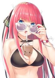 1girls absurdres bangs bikini black_bikini black_ribbon blue_eyes blue_nails blunt_bangs bracelet breasts bubble_tea bubble_tea_challenge collarbone commentary_request da-cart drink drinking_straw eyebrows_visible_through_hair go-toubun_no_hanayome hair_ornament hair_ribbon highres jewelry large_breasts lips long_hair looking_at_viewer looking_over_eyewear looking_over_glasses looking_over_sunglasses multicolored_nails nail_polish nakano_nino object_on_breast open_mouth purple-tinted_eyewear purple_nails red_hair ribbon simple_background solo sunglasses swimsuit teeth tinted_eyewear tongue tongue_out upper_body upper_teeth very_long_hair white_background