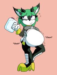 belly_expansion belly_noises black_pants clove_the_pronghorn embarrassed female green_fur grey_coat horns liquid_inflation milk milk_jug mobian_(species) mobian_pronghorn pronghorn pronghorn_humanoid scarletshnoz sega sonic_(series) sonic_the_hedgehog_(archie) sonic_the_hedgehog_(comics) sonic_the_hedgehog_(series) stuffing ungulate violet_eyes white_gloves