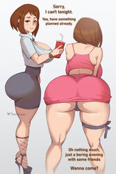 1girls ass_in_dress bimbo english english_text female female_focus female_only high_heels huge_ass huge_breasts light-skinned_female light_skin looking_at_viewer my_hero_academia ochako_uraraka pale-skinned_female pale_skin phat_smash platform_heels sideboob simple_background solo solo_female solo_focus text thick_thighs upskirt wide_hips