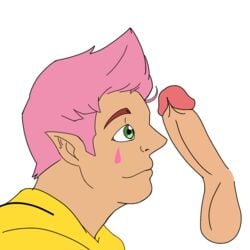 2boys balls bluebowporn disembodied_penis drawfag drawthread_request erection gay green_eyes imminent_oral looking_at_penis male_focus male_only original_character penis pink_hair pointed_ears retracted_foreskin tan_skin teardrop uncut white_background yellow_shirt