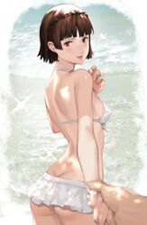 1boy 1girls :d alternate_costume ass ass_cleavage ass_crack atlus bare_arms bare_back bare_shoulders beach bikini blush braid breasts brown_hair butt_crack crown_braid day female foreshortening from_behind hand_on_own_chest hartman_hips highres holding_hands j@ck looking_at_viewer looking_back makoto_niijima male medium_breasts open_mouth outdoors persona persona_5 pov red_eyes short_hair sideboob smile solo_focus sparkle swimsuit water white_bikini