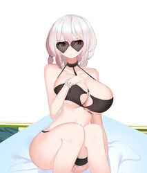 1girls alternate_version_available azur_lane big_breasts bikini breasts female female_only hand_on_breast huge_breasts light-skinned_female light_skin looking_at_viewer nicorima orange_eyes royal_navy_(azur_lane) sirius_(azur_lane) sirius_(scorching-hot_seirios)_(azur_lane) solo sunglasses