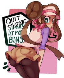 1girls blush bow breasts bright_pupils brown_hair brown_legwear butt butt_focus closed_mouth creatures_(company) double_bun english_text female floating_hair game_freak green_eyes highres krutr_(artist) kurt_robinson legwear_under_shorts long_hair nintendo notice_lines o3o pantyhose pink_bow pokemon pokemon_(game) pokemon_bw2 pout rosa_(pokemon) short_shorts shorts solo symbol-only_commentary twintails visor_cap white_pupils yellow_shorts