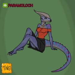 1girls anthro clothed female female_only hadrosaur hadrosaurid hybrid jurassic_park jurassic_world jurassic_world_alive paramoloch parasaur pussy pussy_peek shoulderless_topwear sitting skirt the_nameless_guy topwear vagina