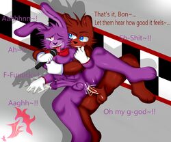 2boys absurd_res anal anal_sex anthro athletic athletic_anthro athletic_male balls bedroom_eyes blue_eyes bodily_fluids bonnie_(fnaf) bow_tie brown_balls brown_body brown_fur brown_hair brown_penis checkered_background clothing cum cum_in_ass cum_inside cum_while_penetrated drooling duo ejaculation english_text five_nights_at_freddy's freddy_(fnaf) from_behind_position fucked_silly fur gay gay_sex genital_fluids genitals gloves hair handwear hi_res holding_microphone holding_object holding_partner humanoid_genitalia humanoid_hands humanoid_penis jflare205 lagomorph leporid looking_at_another looking_at_partner looking_pleasured male male/male male_only male_penetrated male_penetrating male_penetrating_male mammal microphone moan moaning_in_pleasure narrowed_eyes one_eye_closed orgasm orgasm_face pattern_background penetration penile penile_penetration penis penis_in_ass purple_balls purple_body purple_fur purple_hair purple_penis rabbit raised_leg red_bow_tie red_eyes saliva saliva_on_tongue saliva_string seductive sex simple_background slightly_chubby slightly_chubby_male slightly_muscular slightly_muscular_male spoon_position spooning spread_legs spreading text thick_thighs tongue tongue_out ursid ursine video_games