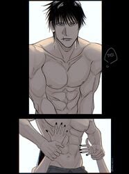 1boy 1dilf 1girls 1milf abdomen athletic_female bare_chest body dilf faceless_female female fit_male gay jujutsu_kaisen male male_abs male_focus muscles muscular muscular_male sensual solo_focus toji_fushiguro topless touching_abs