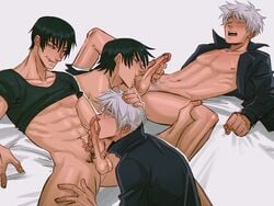 2boys black_hair fellatio gay genitals hand_on_head hand_on_penis head_grab jujutsu_kaisen legs_apart legs_held_open licking licking_penis male male/male male_focus male_only open_clothes open_jacket oral oral_sex penis penis_grab penis_lick pubes pubic_hair satoru_gojo shirt_lift sombre_slahc testicle_licking testicles toji_fushiguro white_hair yaoi