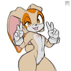 1:1 2021 anthro breasts clothing cream_the_rabbit cub double_v_sign female fur furry furry_only genitals gesture gloves gloves_only handwear handwear_only lagomorph leporid looking_at_viewer mammal mostly_nude nipples nude pussy rabbit sega shortstack small_breasts small_waist solo sonic_(series) tail thick_thighs tongue tongue_out v_sign wide_hips xylas young