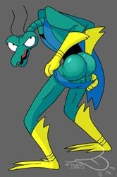 1boy absurd_res antennae_(anatomy) arthropod ass balls clothed clothing genitals gloves green_body handwear hanna-barbera hi_res insects looking_at_viewer male male_only mantis mooning solo space_ghost_(series) thirstspace zorak_(character)