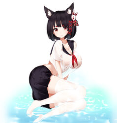 1girls animal_ears azur_lane big_breasts black_hair breasts cat_ears catgirl female female_only huge_breasts light-skinned_female light_skin nicorima red_eyes sakura_empire_(azur_lane) school_uniform see-through_clothing shirt skirt solo wet wet_clothes wet_shirt white_stockings yamashiro_(azur_lane) yamashiro_(street_corner_offensive!)_(azur_lane)