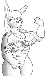 anthro breasts clothed clothing damaged_clothes female female_only fur gloves hair muscular muscular_anthro muscular_female nipples one_eye_closed partially_clothed rabbit simple_background smile solo wallyroo white_background