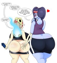 2girls anus ass_cleavage bloody_marie blush bubble_butt butt_crack female huge_ass multiple_girls skullgirls squigly sweaty_butt text thick_thighs touhoufan wide_hips yuri