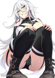 1girls 2021 aged_up alternate_breast_size artist_signature black_panties body_markings breasts cameltoe facial_scar fate/apocrypha fate/grand_order fate_(series) female female_focus female_only green_eyes huge_breasts jack_the_ripper_(fate/apocrypha) long_hair panties punopupupu shoulder_tattoo simple_background squatting squatting_position tattoo thick_thighs thighhighs thighs twitter_username white_background white_hair zeroshiki_kouichi