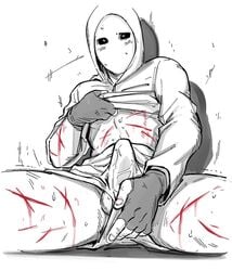 1boy barely_visible_balls blush blushing boner_in_pants cuts fingerless_gloves gay hood hood_up hoodie lifting_hoodie male/male male_only mask masked masked_male mskah rainbow_six rainbow_six_siege scars white_background white_mask white_mask_(rainbow_six) yaoi