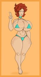 big_breasts bikini blue_bikini doodle finger_gun freckles ginger huge_breasts looking_at_viewer mae_(shewiff) mob_face red_hair shewiff smiling string_bikini thick_thighs walking wide_hips |_|