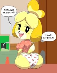 2020 animal_crossing anthro ass ass_focus big_breasts breasts dat_ass female fully_clothed furry indoors isabelle_(animal_crossing) looking_at_viewer looking_back nintendo offering panties peach_(fruit) print_panties shirt showing_panties skirt skirt_lift tagme tansau tortoisesensei yellow_fur